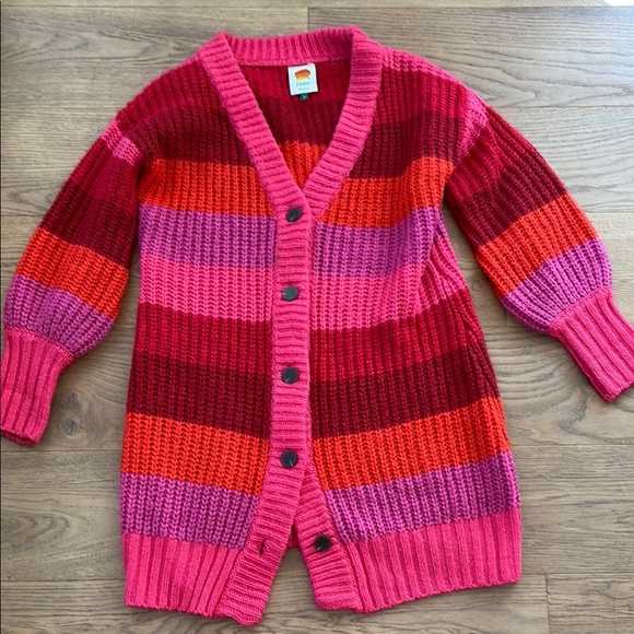 FARM Rio Sweaters - Farm Rio Striped Maxi Cardigan Red Pink Button Ribbed Acrylic Monochrome S